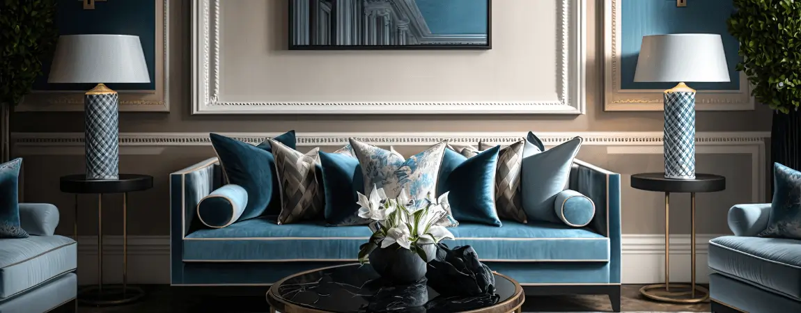 Modern sofa set design in Pakistan with price featuring blue fabric sofa for stylish living room