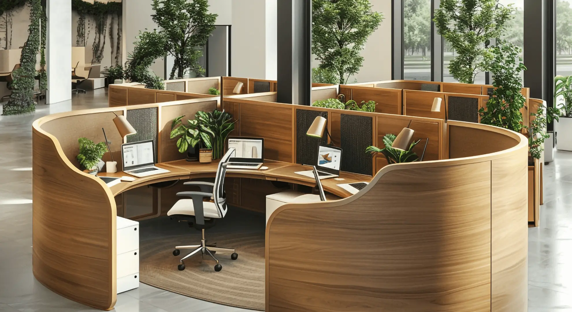 Luxury office desk and workstation in Pakistan with wooden partitions, ergonomic chairs, and modern office layout