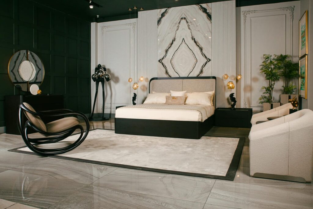 Luxury modern bedroom furniture with minimalist design in an urban Pakistani home