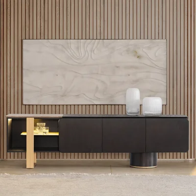 Modern wooden TV console design showcasing Living Room Furniture in Pakistan