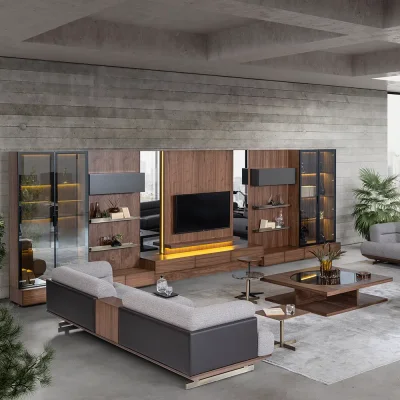 Modern TV wall unit and sectional sofa design showcasing Living Room Furniture in Pakistan