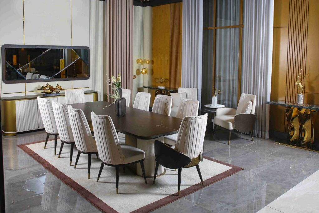 Luxury dining table set in Pakistan featuring modern chairs and elegant interior décor