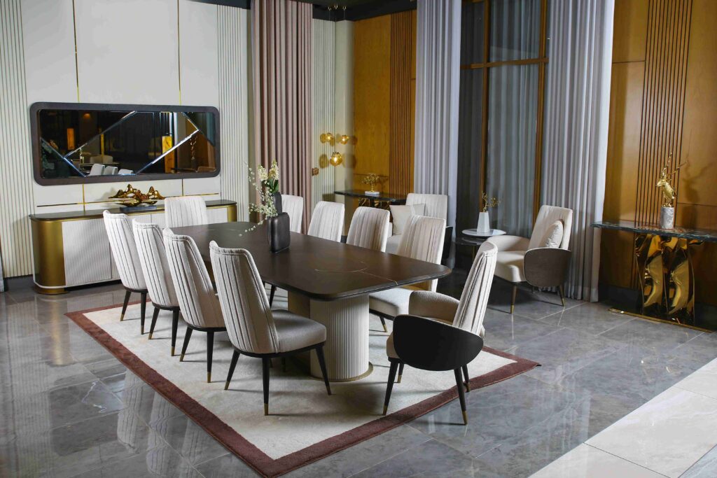Dining chair with upholstered seating paired with a modern wooden dining table for everyday comfort