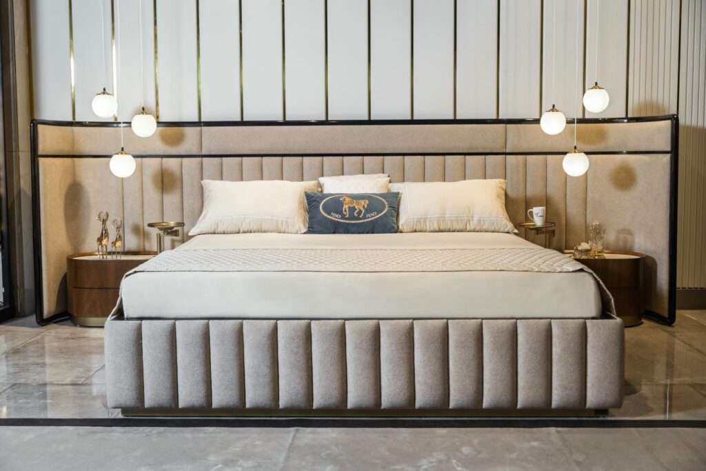 Custom luxury upholstered bed with modern design and high-end finish in Pakistan