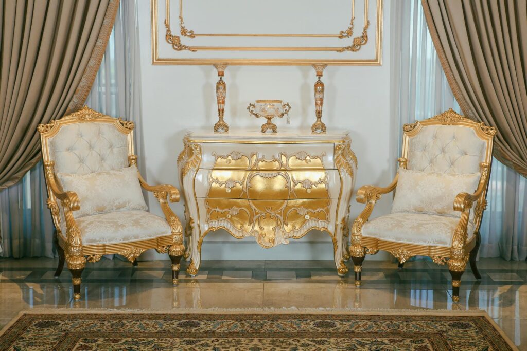 Handcrafted luxury wooden furniture with gold detailing and classic design in Pakistan