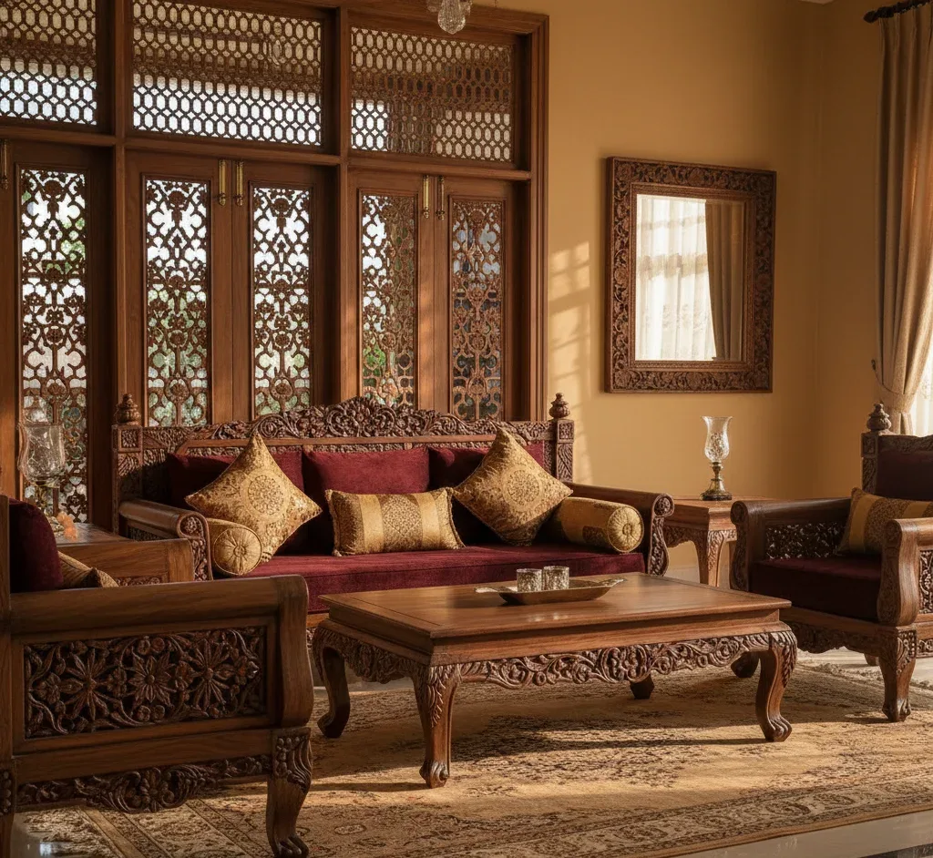 Traditional Pakistani wooden furniture with carved sofa set and classic design