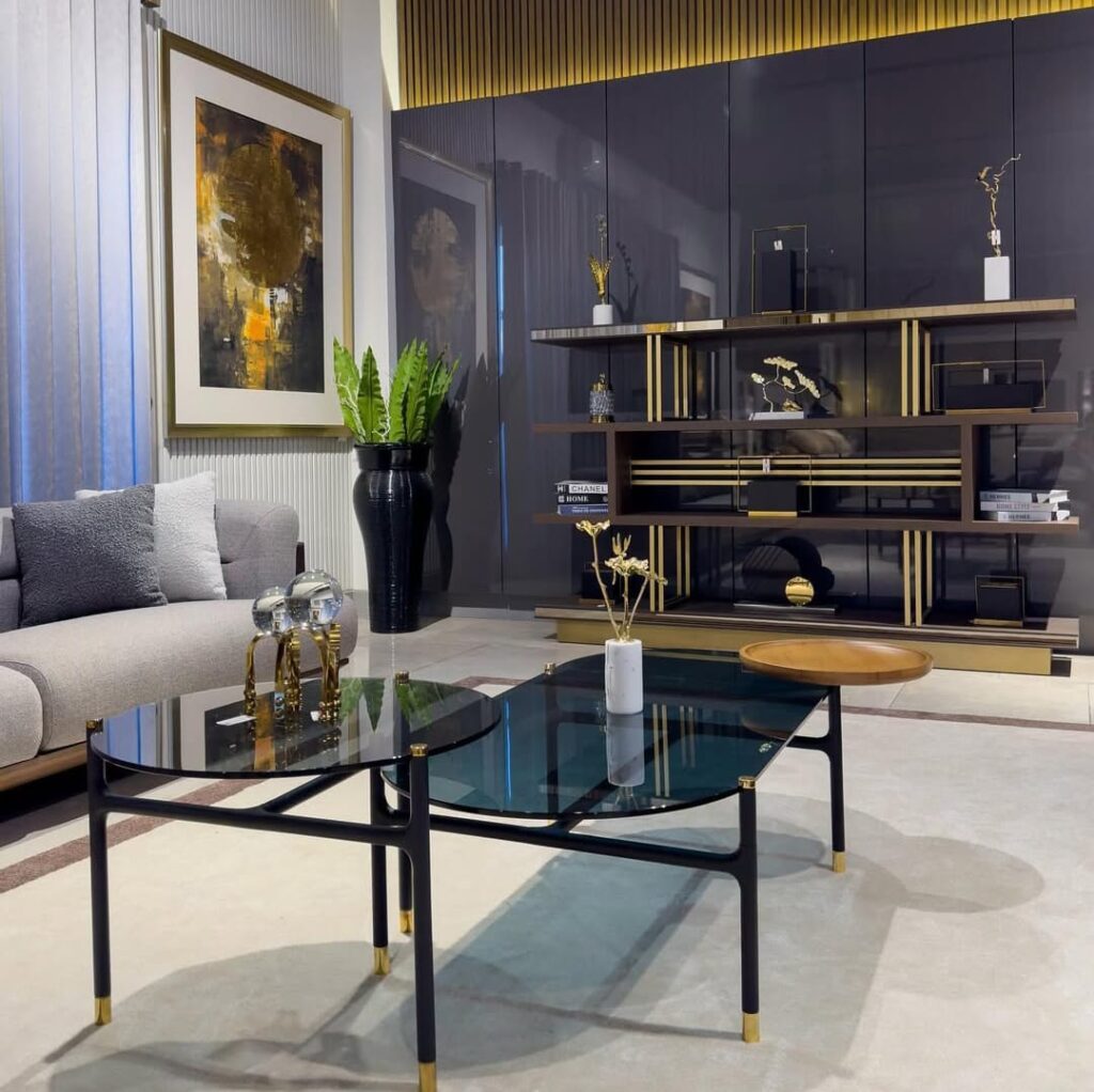 Modern apartment living room with space-saving furniture and contemporary interior design in Pakistan