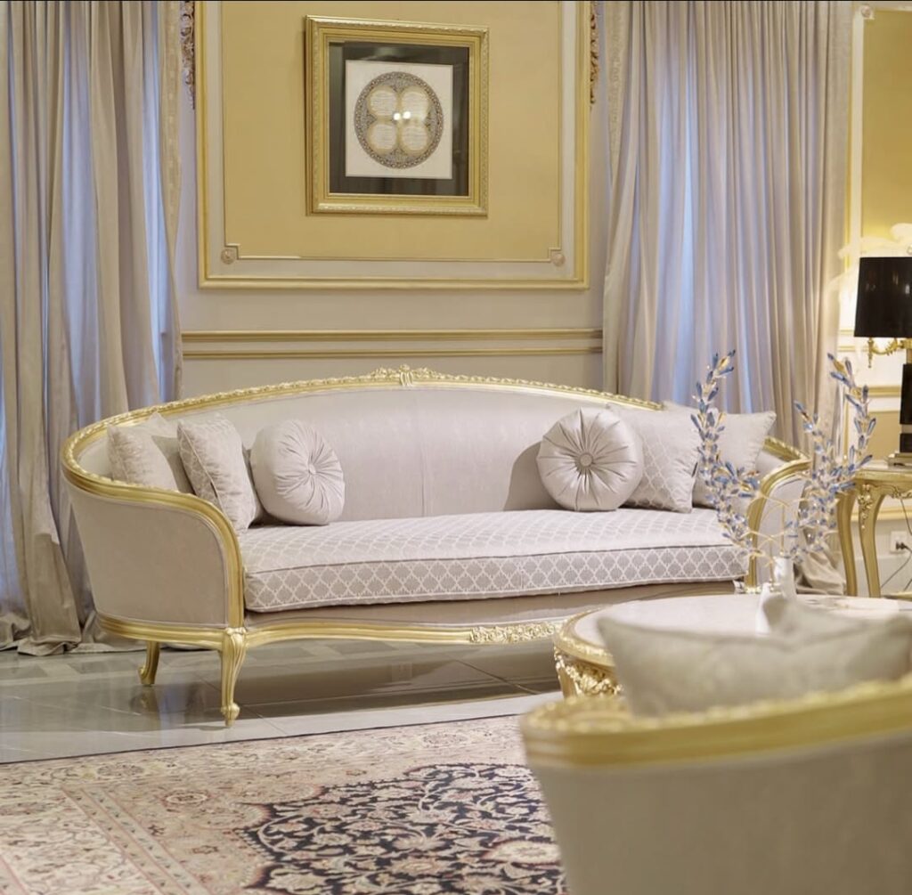 Luxury white and gold classic sofa set design in Pakistan with price for elegant drawing room