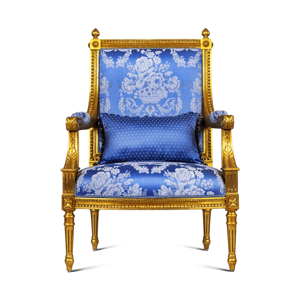 Luxury wooden accent chair in Pakistan with solid wood frame and blue upholstered fabric