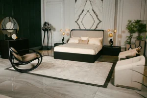 Luxury upholstered bed set with modern bedroom furniture arrangement