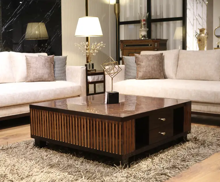 modern beige sofa set design in Pakistan with wooden center table for elegant living room