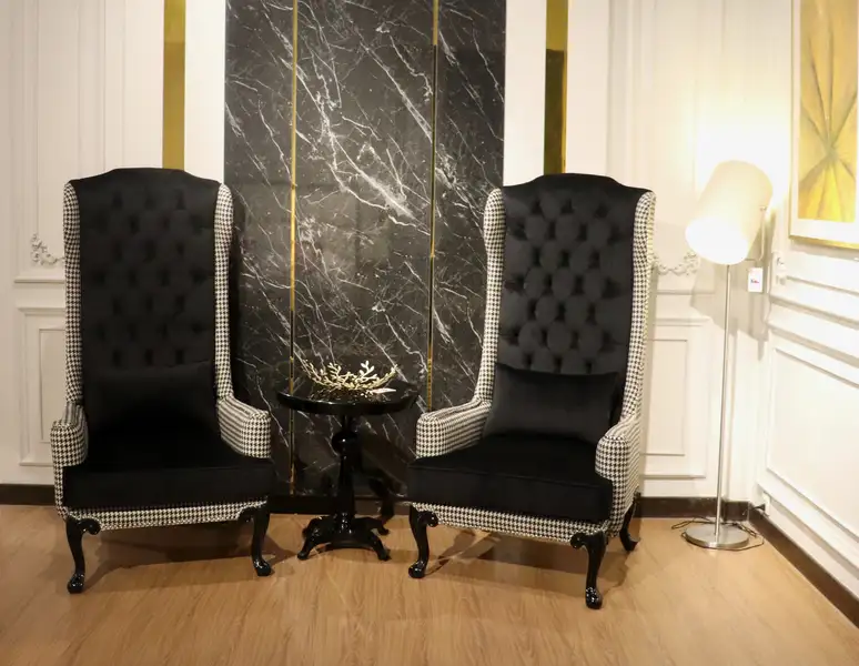 luxury high back accent chair design in Pakistan with black velvet upholstery for elegant living room