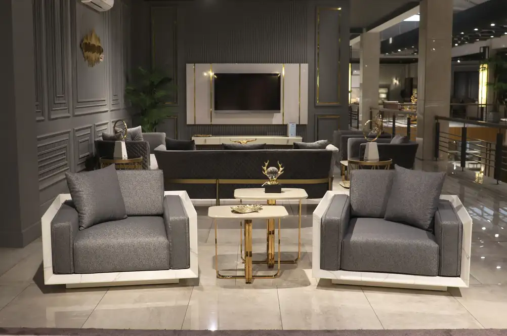 modern grey sofa set design in Pakistan with gold coffee table in luxury living room