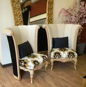 luxury high back royal accent chair design in Pakistan with velvet upholstery and carved wooden frame