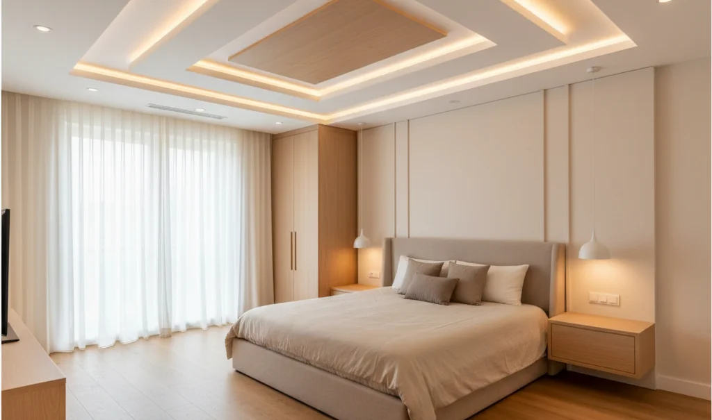 Elegant bedroom false ceiling design featuring recessed lighting and a calm, minimal ceiling layout