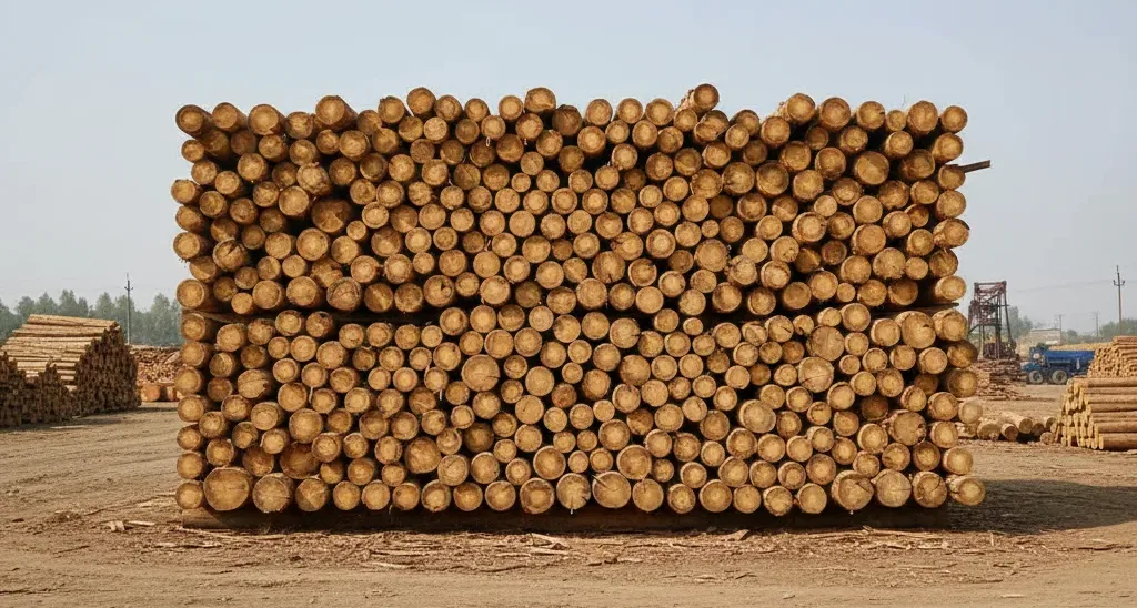 Deodar kail wood logs stacked in an open lumber yard with clear background and natural light