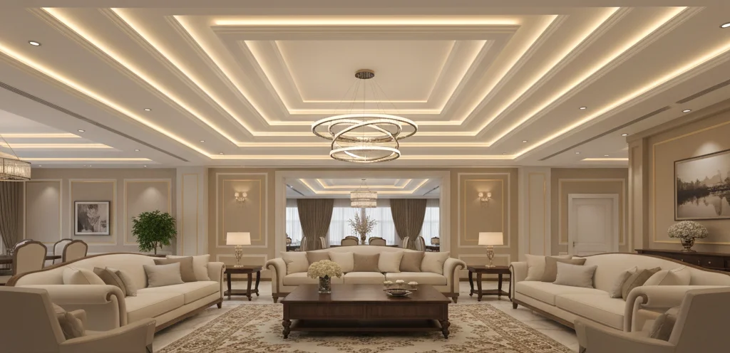 Luxury false ceiling designs for living hall featuring multi-tier ceiling layout and chandelier lighting