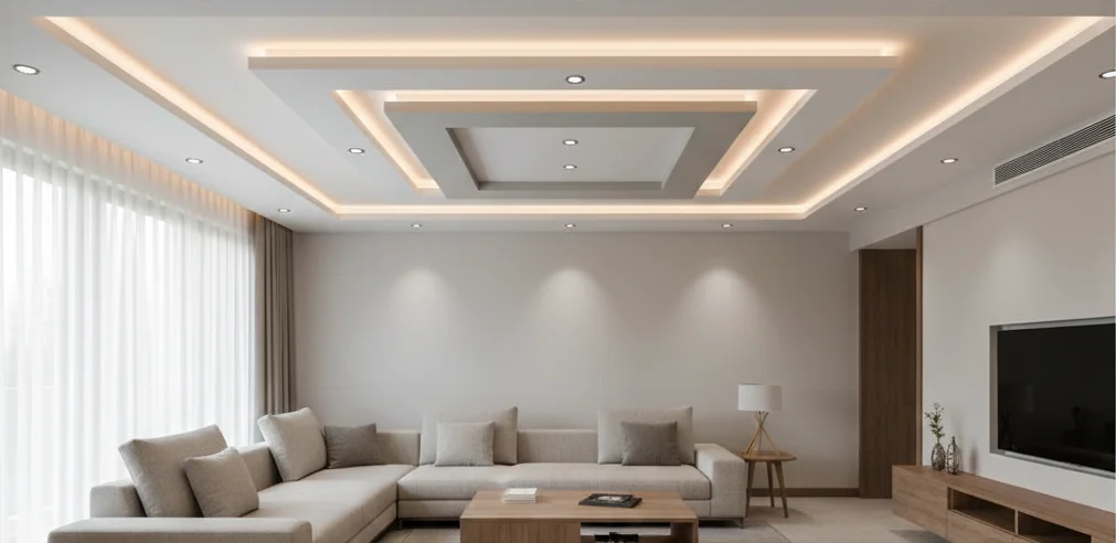Stylish false ceiling designs for lounge featuring layered ceiling panels and soft ambient lighting