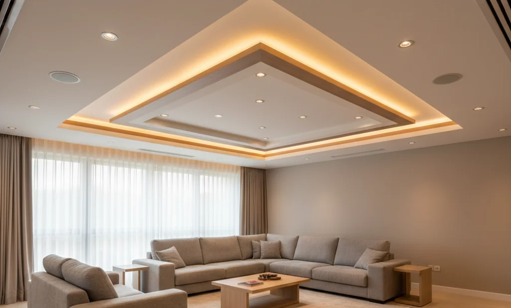 Contemporary false ceiling designs for living room featuring recessed lighting and elegant wooden accents