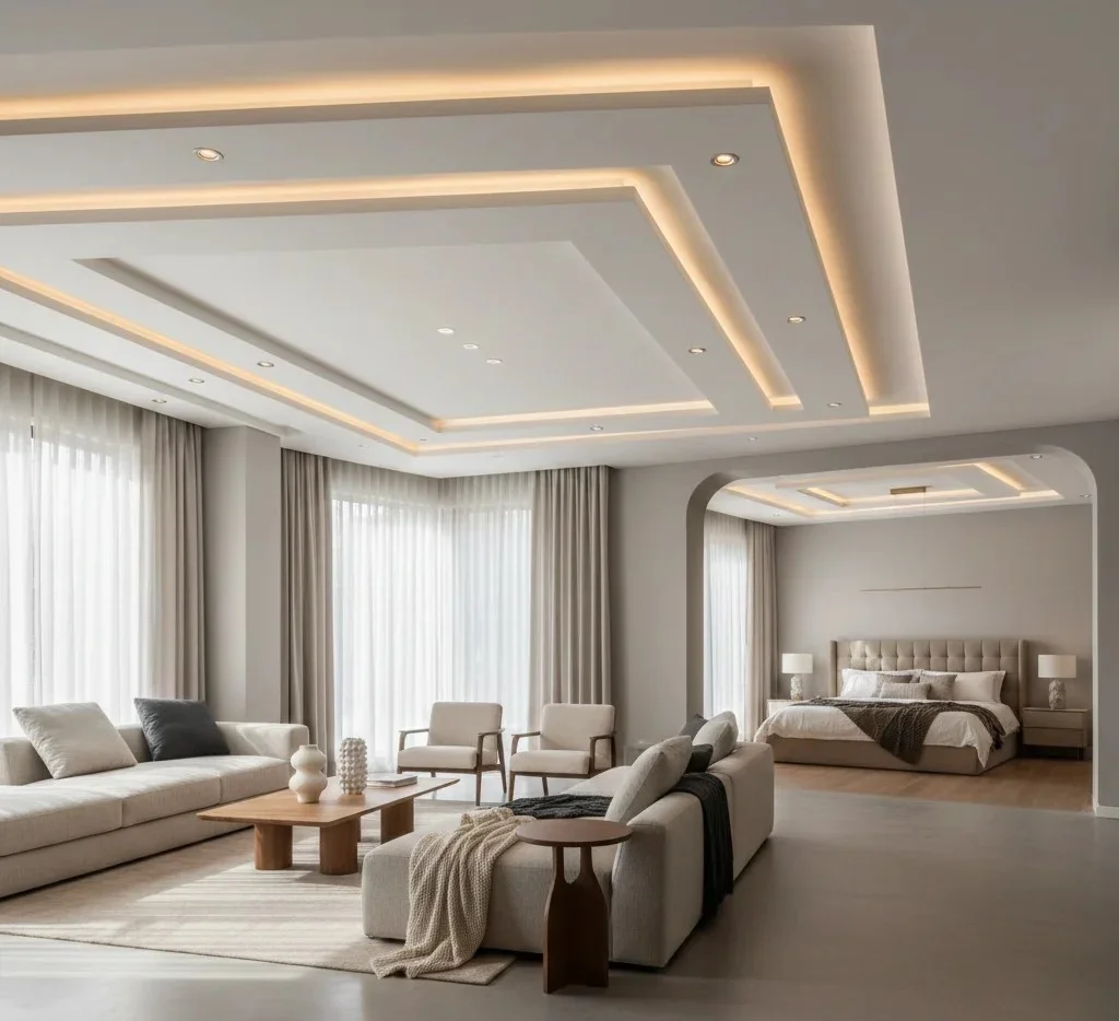 Modern false ceiling designs for living room and bedroom featuring layered ceiling patterns and soft ambient lighting