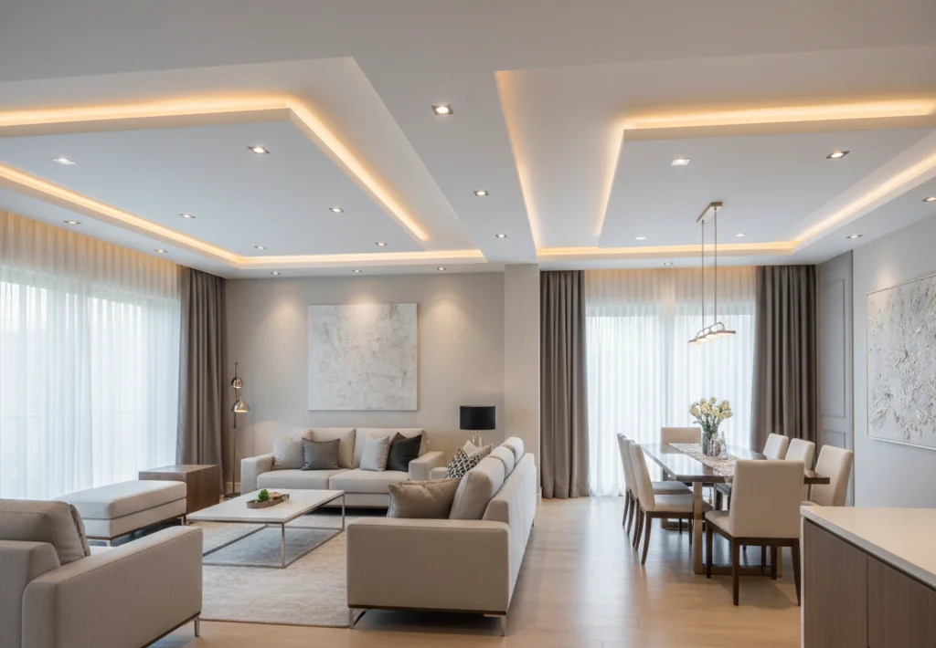 False ceiling designs enhancing interior space with layered lighting and balanced ceiling proportions