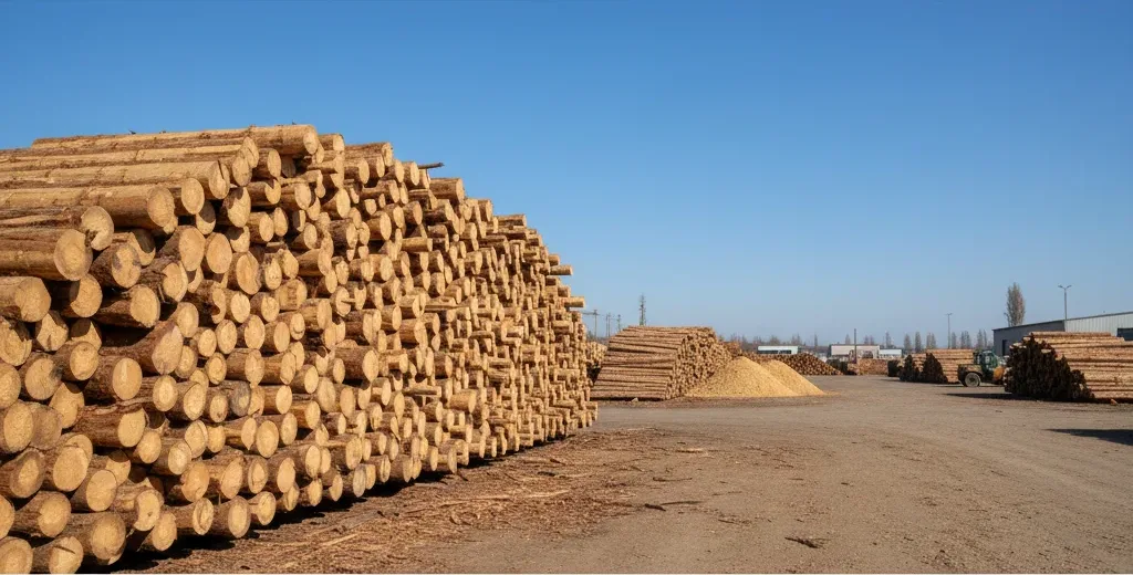 Pine wood logs stacked in an open timber yard with clear sky and natural daylight