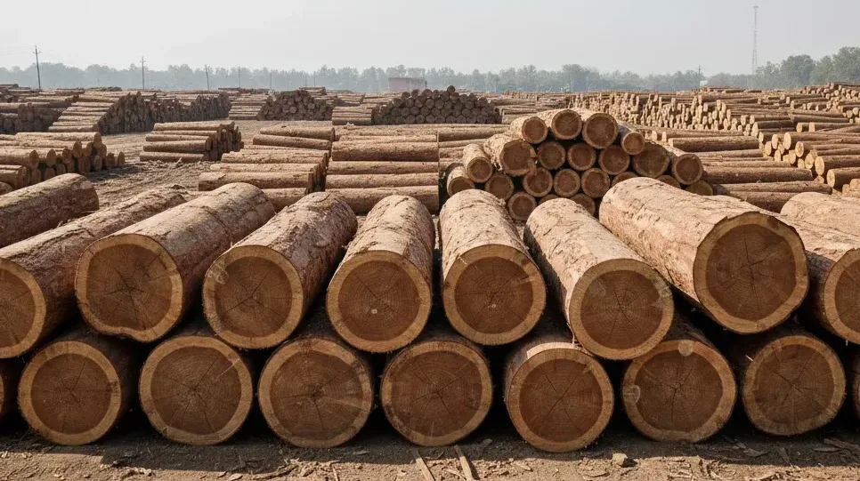 Sheesham wood logs stacked in an open lumber yard in Pakistan