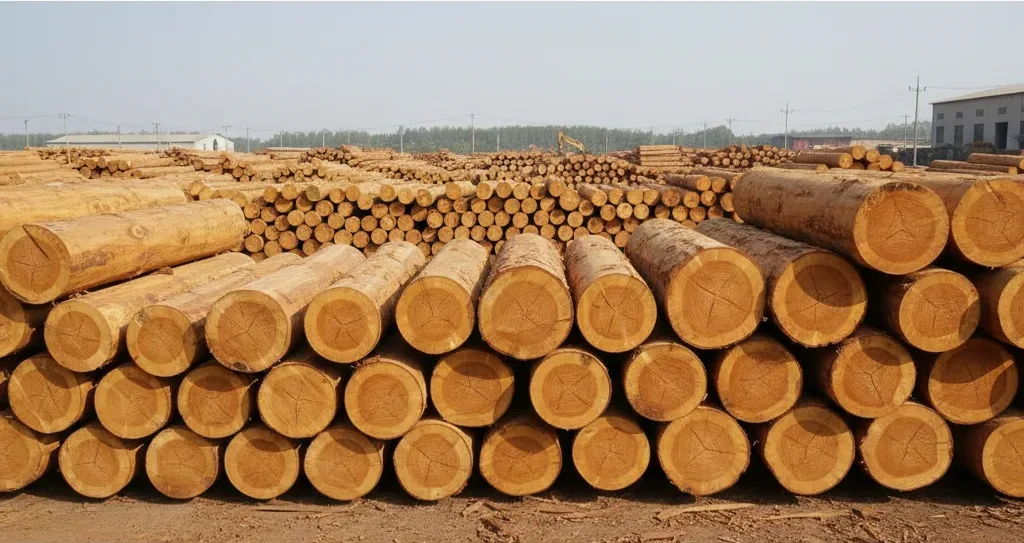 Teak wood logs stacked in an open lumber yard with clear background and natural lighting