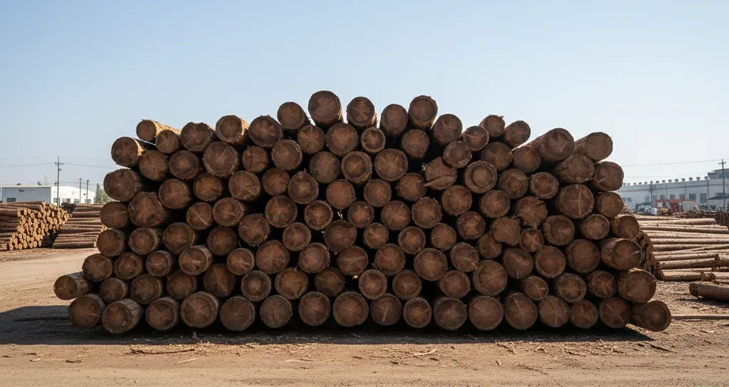 Walnut wood logs stacked in an open lumber yard with clear background and natural daylight