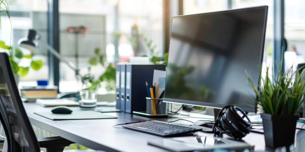 Office desk in Pakistan with computer workstation, monitor, and organized workspace