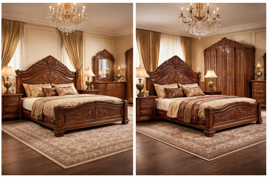 Traditional Pakistani bedroom furniture design with hand-carved wooden bed set