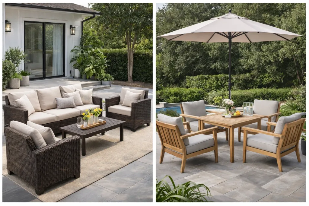 Outdoor patio furniture design in Pakistan with wooden seating and garden setup