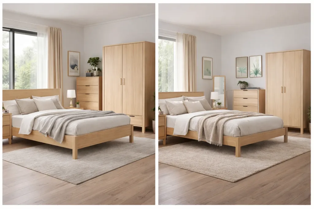 Modern Pakistani bedroom furniture design with minimalist wooden bed and wardrobe