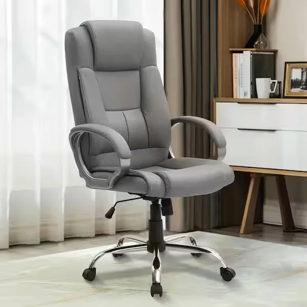 comfortable executive office chair Pakistan with grey leather seat and swivel wheels in modern office setup