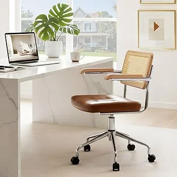 stylish home office chair Pakistan with wooden seat and wheels placed near modern desk setup