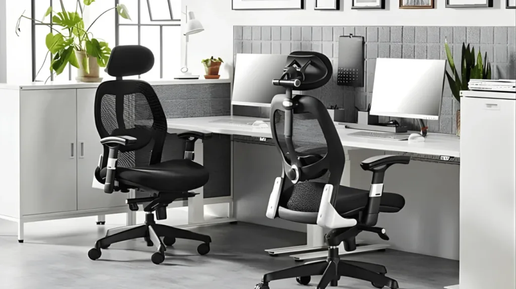 modern office workspace with ergonomic revolving chairs